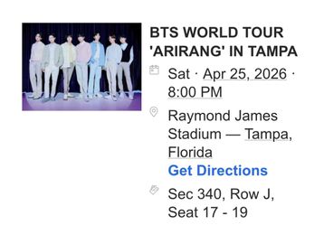 BTS Concert Tickets - Tampa, Florida (3 Tickets)