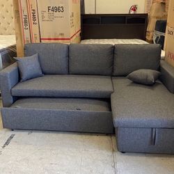 Grey Sectional Sofa Pullout  Bed With Storage 87”x 57”
