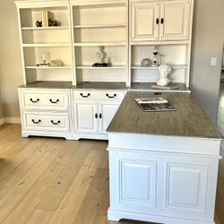 Gorgeous T or L white office reception desk with bookshelves and file drawers