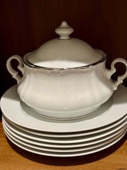 Vintage Mid Century Western Germany - White Porcelain Soup Tureen with Silver Trim