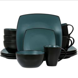 Soho Lounge 16- Piece Stoneware Square Dinnerware Set In Teal