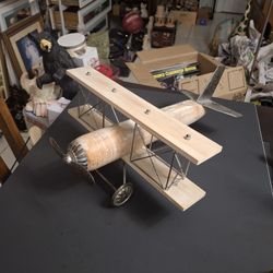 Vintage Decorative Biplane Model Pine Wood And Metal 17"L X 7.5"H X 14.5"W