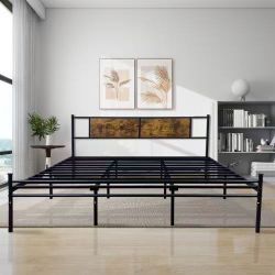 Black Steel & Wood Full Bed Frame - 12” Underbed Storage, No Box Spring Needed, Easy Assembly