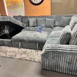 Gray color sectional pull out sofa Super comfy jumbo corduroy fabric