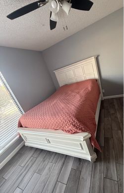 White Wood Queen Bed Frame with dresser and mattress