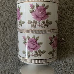 VINTAGE ENESCO HAND DECORATED Painted Gold Gilded Pink White Rose Flower VASE ITALY