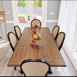 Heavy Dining Table with 6 Upholstered Chairs