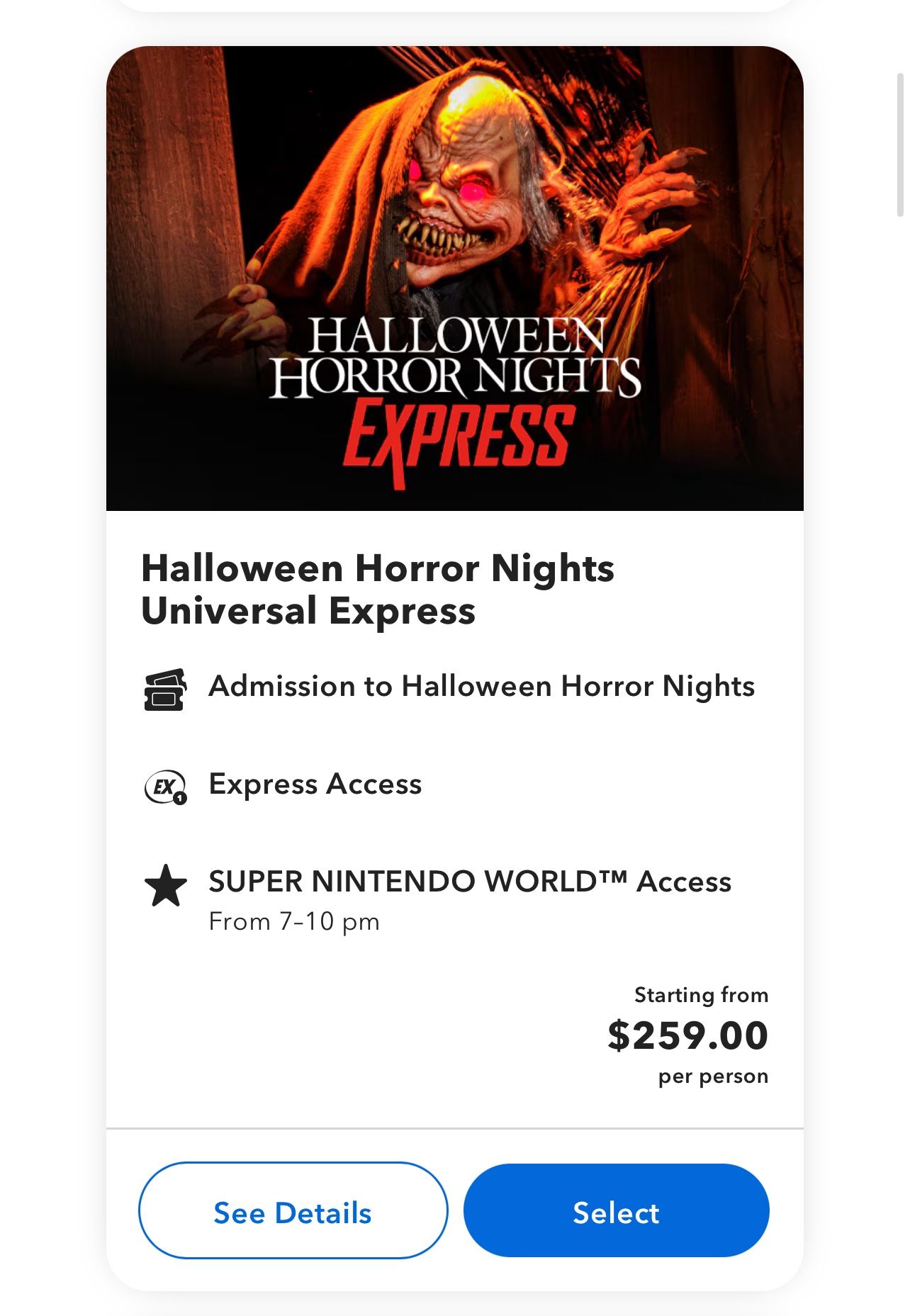 Halloween Horror Nights Express Add-on Ticket 10/25