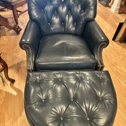 Blue Leather Chair & Ottoman