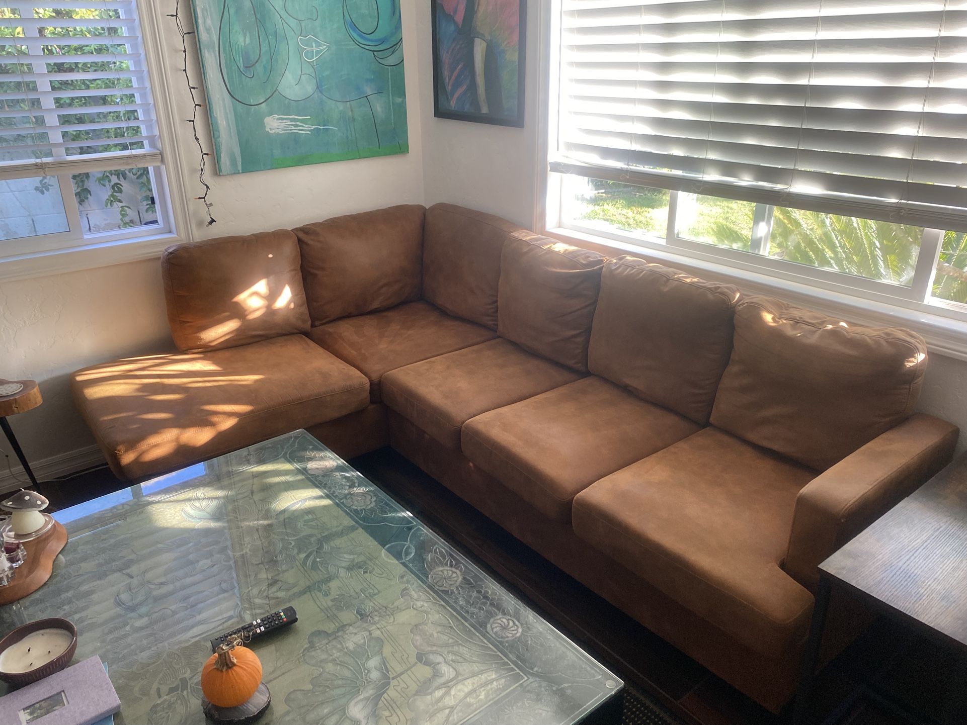 Brown (faux)Leather Couch & Ottoman