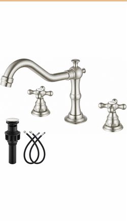gotonovo Bathroom Faucet 3 Hole Vintage, Brushed Nickel, Hot Cold Label Widespread Bathroom Sink Faucet 8 Inch 2 Cross Handles, Pop Up Drain, cUPC Sup