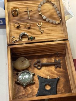 Wooden Jewelry Box with Assorted Items
