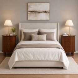 Set of 2 - Walnut Wood Curved (Arc Design) Nightstands / End Tables w/ 3 Drawers & USB Charger [NEW] **No Assembly Req  <BED FRAME SOLD SEPARATELY>