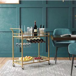 Storage Rack Serving Cart 2-Tier Bar Cart for Home, Kitchen Serving Cart with Lockable Wheels & Wine Rack & Glass Holder, Mobile Beverage Cart Storage