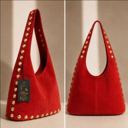 Red Gold Studded Suede Hobo Bag