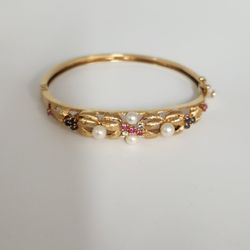 Antique 14k Yellow Gold Diamond, Pearls, Ruby & Sapphire Bangle Bracelet