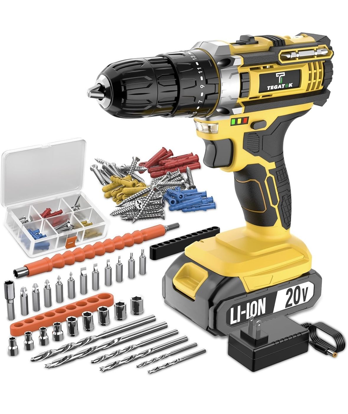 20V Cordless Drill/Driver, Electric Screwdriver - 1 Batteries, 45Nm, 21+3 Torque, 2 Speed, Keyless 3/8" Chase with LED Light (20V Drill (Yellow))