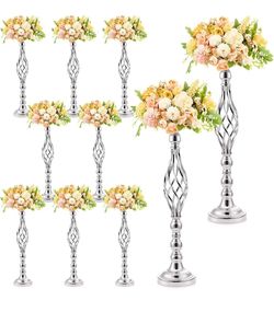 Silver 10 Pcs 22.8 Inch High Metal Flower Stand, Wedding Silver Centerpieces for Table, Floral Stand Elegant Vase Holder for Reception Table Decor Par