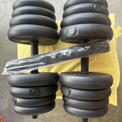 New 66 pounds dumbbells 33 pounds each also comes with an extra bar so you can make your bar longer and work cover your chest