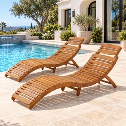 Newport Wave Acacia Wood Outdoor Chaise Lounges — Set of 2