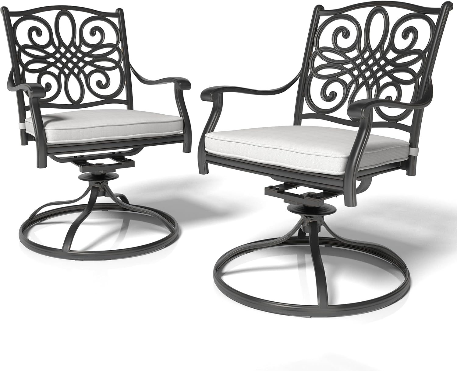 MONDAWE 2pcs Cast Aluminum Patio Swivel Chairs Weather Resistant Outdoor Dining Chairs High Backrest Removable Cushion 360 Swivel Rockers for Backyard