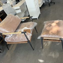 Accent Chair with Ottoman Mid Century Modern Chair with Footrest Reading Chair with Ottoman Upholstered Leather Accent Chair with Black Metal Legs for