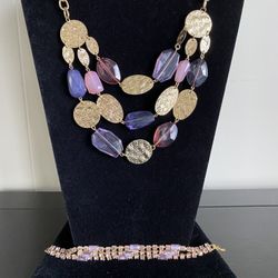 Gold Purple And Pink Three Tiered Necklace And Bracelet.