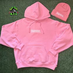 Supreme Box Logo Pink Hoodie & Beanie Size Small