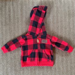 Carter's Newborn Hooded Fleece Jacket Full Zip Red Black Plaid Unisex Cozy