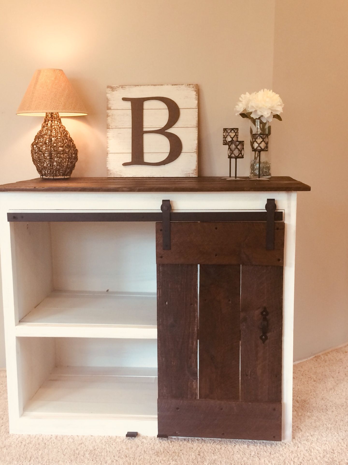Rustic barn wood w/sliding barn wood door entertainment center/vanity/dresser/extra storage