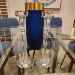 Two Brand New Crystal Candle Holders With Gold Trim