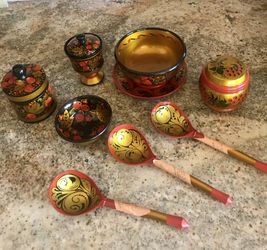 New USSR Russian vintage hand painted xoxloma wood set. Buy as set or individual pieces.