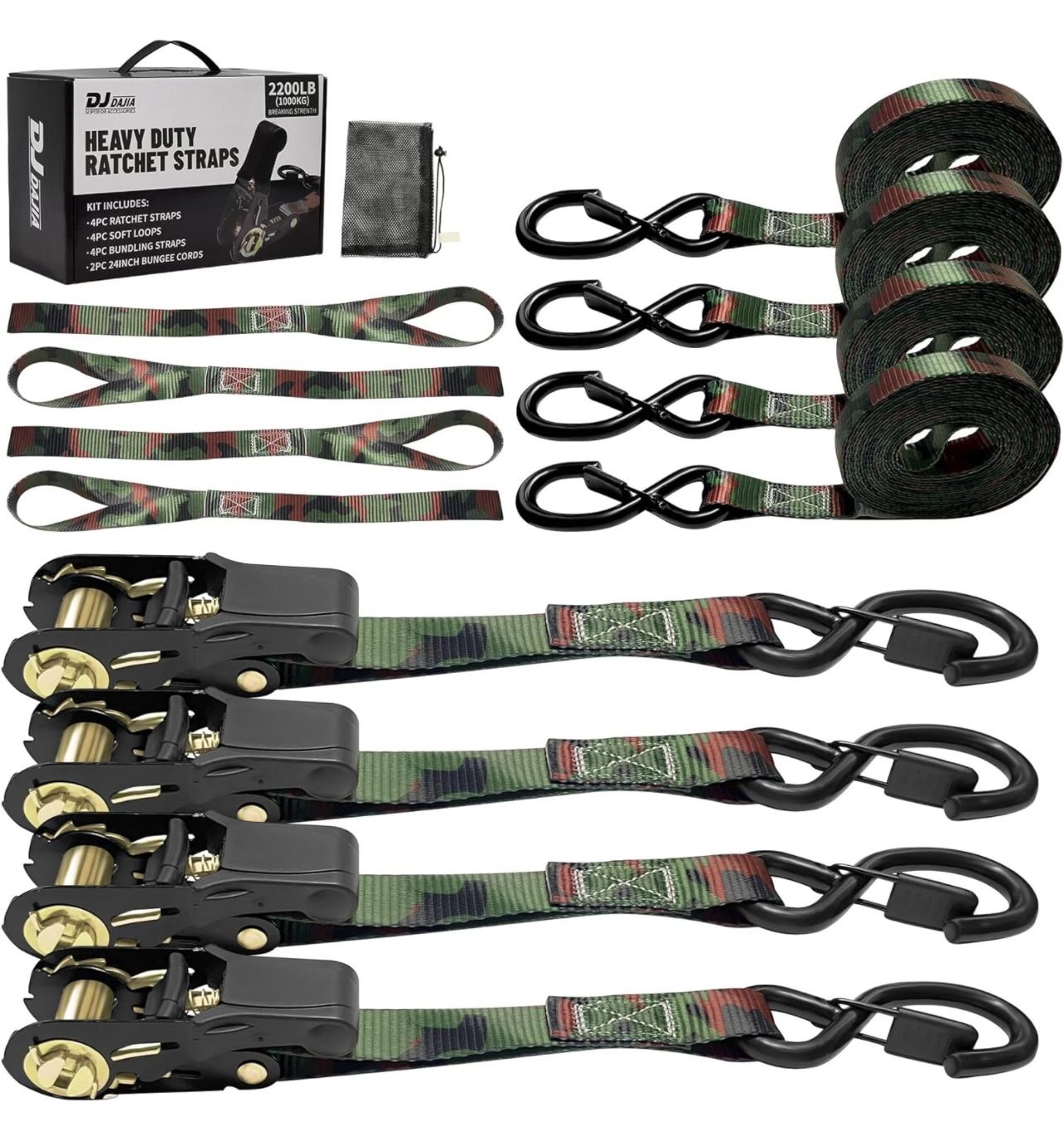 BRAND NEW IN BOX Ratchet Straps 4 PK,2200LB Break Strength Tie Down Straps,1" X 15FT Cargo Ratchet Straps Heavy Duty with Coated Metal Hooks
