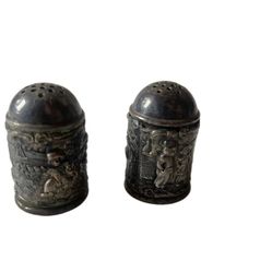 Antique PAYE & BAKER Repoussé pewter DUTCH KIDS SCENES Salt Pepper Shakers P&b