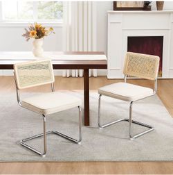 Natural Rattan Dining Chairs Set of 2, Mid Century Modern Dining Chairs with Solid Wood Back & Chrome Base, for Kitchen Living Room, Breuer Design Ins