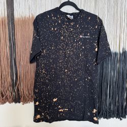 Black and orange Champion bleach splatter patterned, casual streetwear T-shirt; perfect condition