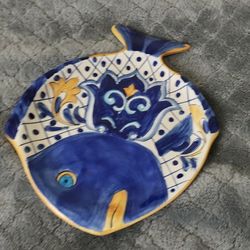 small blue fish polished pottery platter