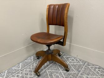 Vintage Brown Leather Mechanics Chair with Nailhead Trim and Wooden Base