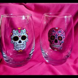 Dia De Los Muertos Stemless Sugar skull Wine Glasses Comes With 2 ✨ NWOT ✨