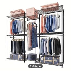 Clothing Rack Organizer - 8 Sturdy Grid Shelves, 5 Non-Slip Hanging Rods, Lightweight