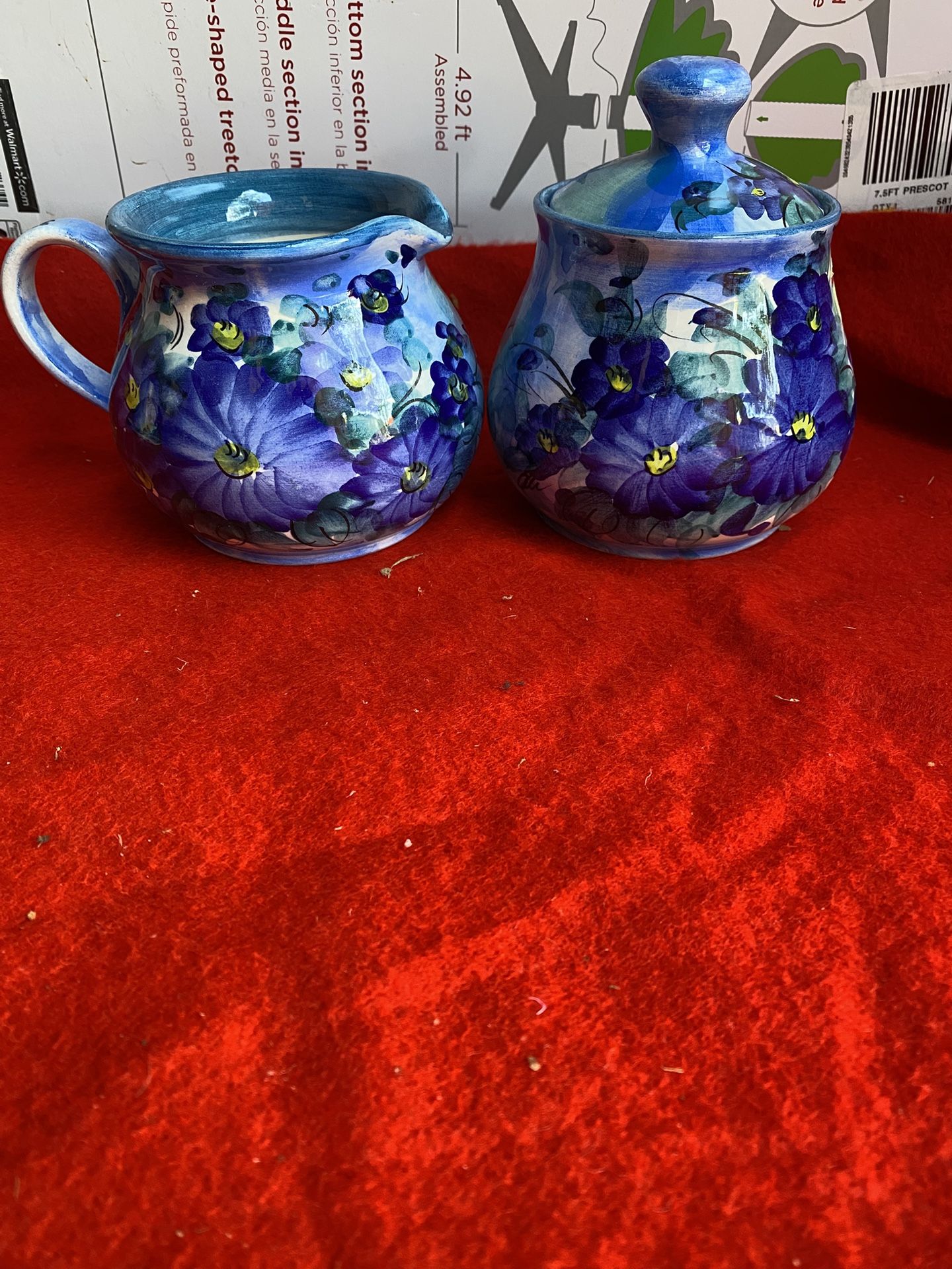 Hand Painted Blue Greek Ceramic Floral Design Milk/Sugar Set Imported From Greece