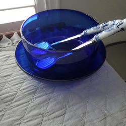 Beautiful Pewter Blue Salad Bowl With Dish.