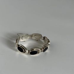 Preloved sterling silver bracelet  Comfortable wear  925 sterling chunky timeless bracelet  Black onyx about 7” Modern Art deco (747)28