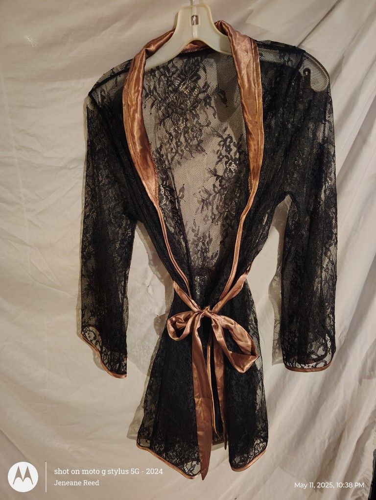 Silky Nightgown With A Black Lace Robe