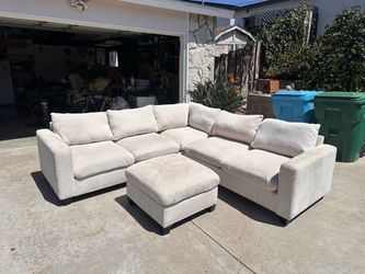 Cream Off white Corduroy 5-piece sectional couch + ottoman