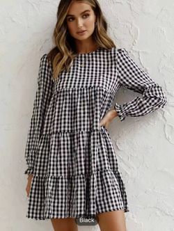 Gingham Print Ruffle Hem Smock Dress