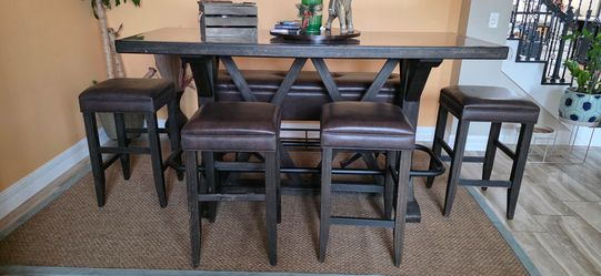 Farmhouse Bar Height Table with 4 Stools and a bench