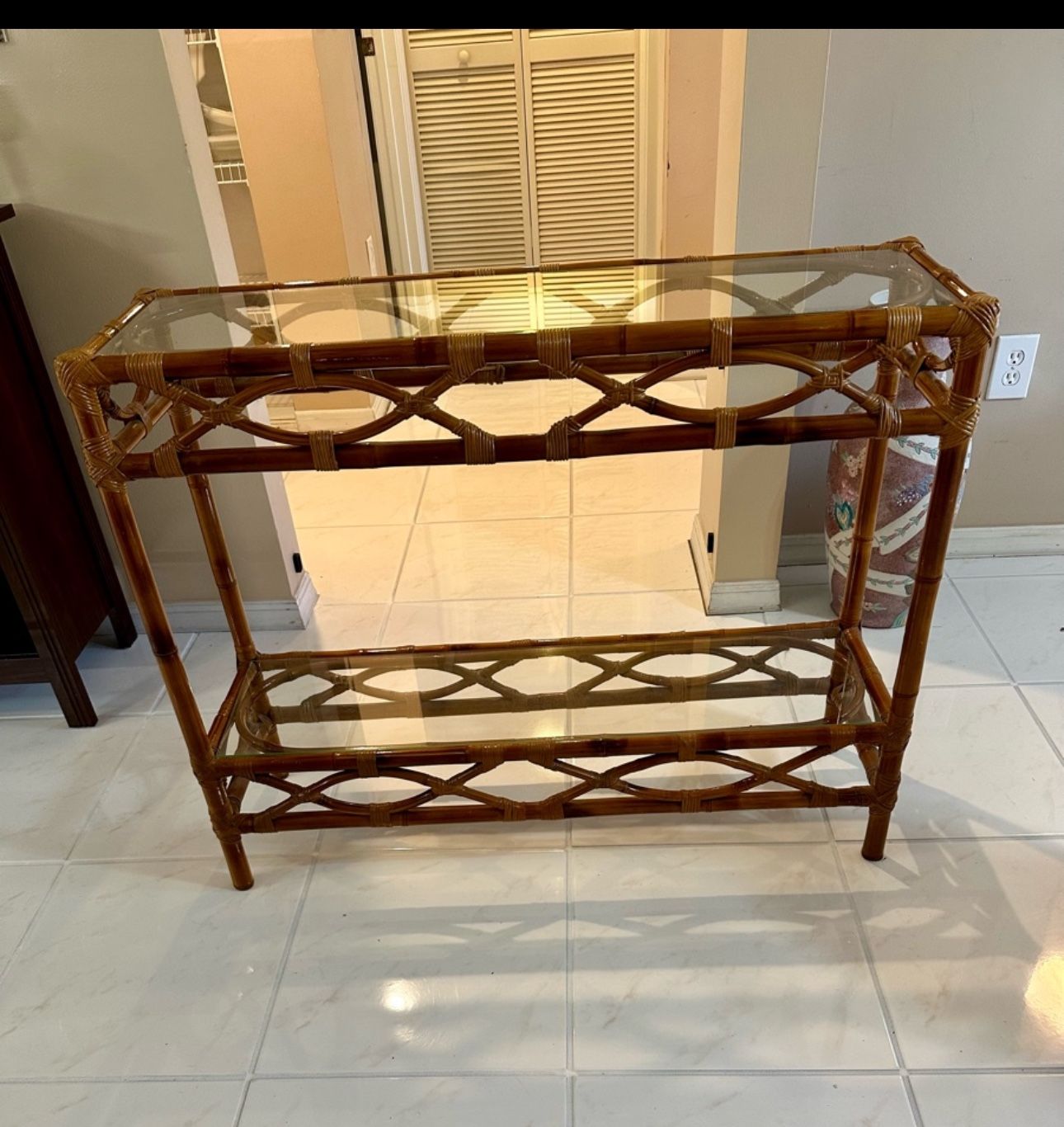 Vintage Bamboo & Glass Plant Stand / Console Table