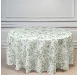Polyester Round Tablecloth 120" White with Dusty Sage Green French Toile Pattern for Weddings and Events