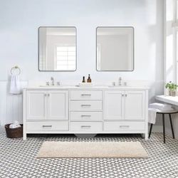 84 inch Undermount Double Sink Bathroom Vanity with Engineered Carrara Marble Top - White